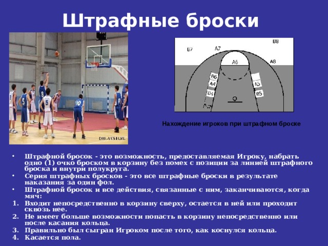Штрафные броски   Нахождение игроков при штрафном броске Штрафной бросок - это возможность, предоставляемая Игроку, набрать одно (1) очко броском в корзину без помех с позиции за линией штрафного броска и внутри полукруга. Серия штрафных бросков - это все штрафные броски в результате наказания за один фол. Штрафной бросок и все действия, связанные с ним, заканчиваются, когда мяч: Входит непосредственно в корзину сверху, остается в ней или проходит сквозь нее. Не имеет больше возможности попасть в корзину непосредственно или после касания кольца. Правильно был сыгран Игроком после того, как коснулся кольца. Касается пола. 