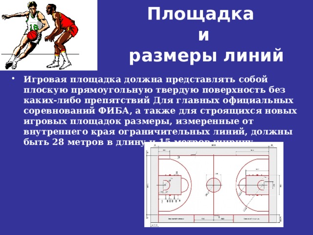 Площадка  и  размеры линий Игровая площадка должна представлять собой плоскую прямоугольную твердую поверхность без каких-либо препятствий Для главных официальных соревнований ФИБА, а также для строящихся новых игровых площадок размеры, измеренные от внутреннего края ограничительных линий, должны быть 28 метров в длину и 15 метров ширину. 