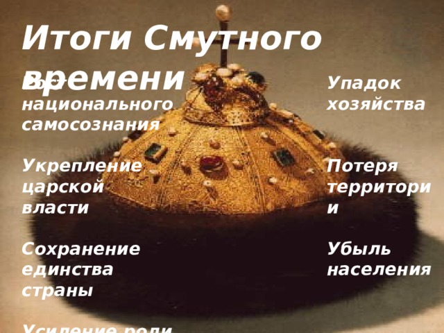 Итоги Смутного времени Рост национального самосознания Упадок хозяйства   Укрепление царской власти   Потеря территории Сохранение единства страны   Убыль населения  Усиление роли Земских соборов 