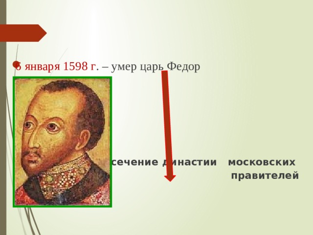 6 января 1598 г . – умер царь Федор      Пресечение династии московских правителей 