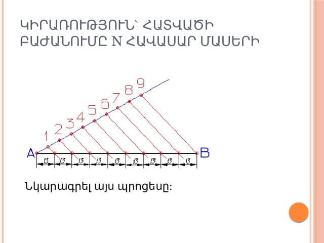 Կիրառություն` հատվածի բաժանումը n հավասար մասերի Նկարագրել այս պրոցեսը: 