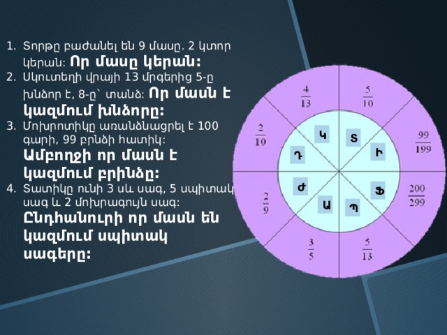 Տորթը բաժանել են 9 մասը. 2 կտոր կերան: Որ մասը կերան: Սկուտեղի վրայի 13 մրգերից 5-ը խնձոր է, 8-ը` տանձ: Որ մասն է կազմում խնձորը: Մոխրոտիկը առանձնացրել է 100 գարի, 99 բրնձի հատիկ: Ամբողջի որ մասն է կազմում բրինձը: Տատիկը ունի 3 սև սագ, 5 սպիտակ սագ և 2 մոխրագույն սագ: Ընդհանուրի որ մասն են կազմում սպիտակ սագերը: Կ Տ Ի Դ Ժ Ֆ Ա Պ 