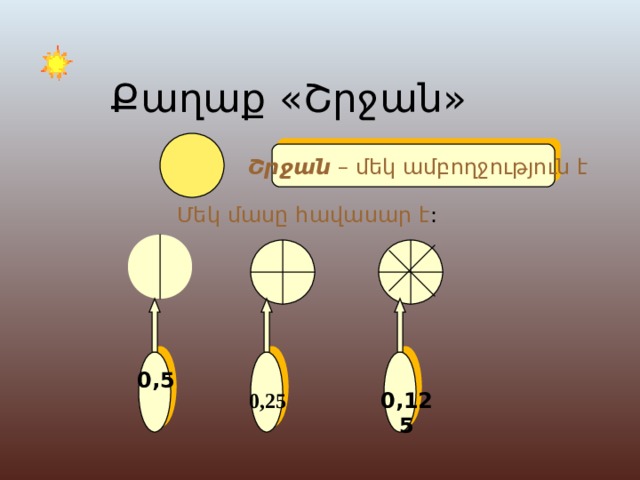 Քաղաք « Շրջան » Շրջան – մեկ ամբողջություն է Մեկ մասը հավասար է :  0,25  0,125 0,5 