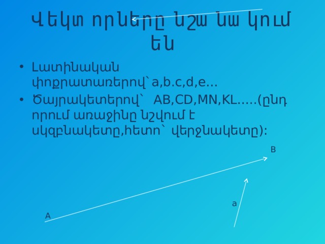 Վեկտորները նշանակում են Լատինական փոքրատառերով`a,b.c,d,e… Ծայրակետերով`   AB,CD,MN,KL…..(ընդ որում առաջինը նշվում է սկզբնակետը,հետո` վերջնակետը): B a A 