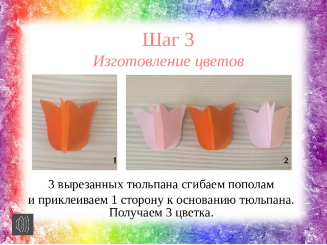 Шаг 3 Изготовление цветов 1 2 3 вырезанных тюльпана сгибаем пополам  и приклеиваем 1 сторону к основанию тюльпана. Получаем 3 цветка. 
