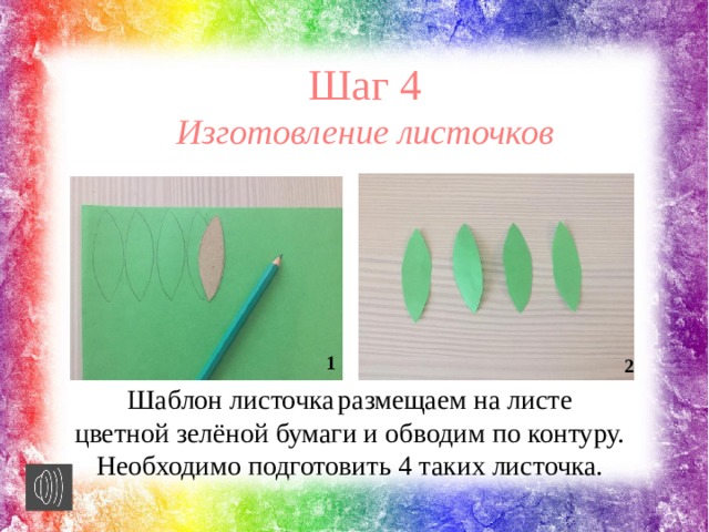 Шаг 4 Изготовление листочков 1 2 Шаблон листочка   размещаем на листе   цветной зелёной бумаги и обводим по контуру.  Необходимо подготовить 4 таких листочка. 