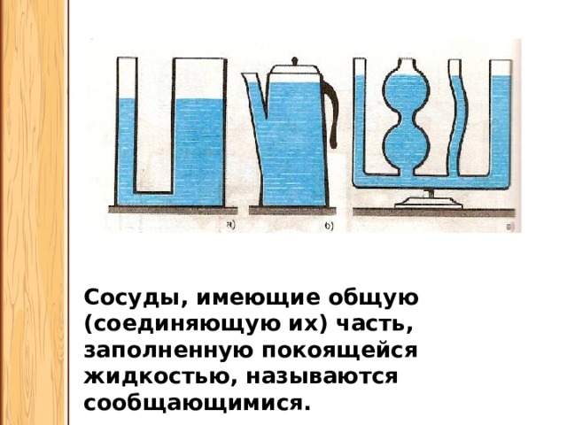 Сосуды, имеющие общую (соединяющую их) часть, заполненную покоящейся жидкостью, называются сообщающимися. 