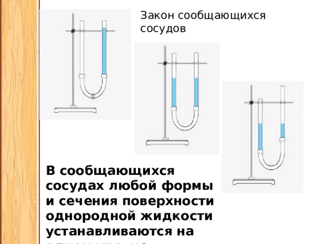 Закон сообщающихся сосудов В сообщающихся сосудах любой формы и сечения поверхности однородной жидкости устанавливаются на одном уровне. 