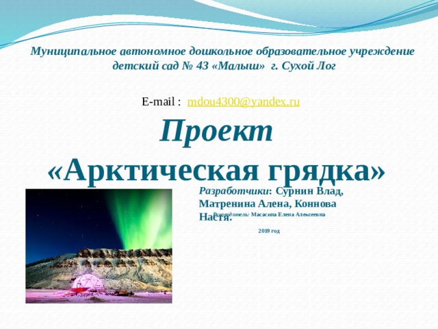   E-mail : mdou 4300@ yandex . ru Проект « Арктическая грядка» Муниципальное автономное дошкольное образовательное учреждение  детский сад № 43 «Малыш» г. Сухой Лог            Руководитель:  Масасина Елена Алексеевна  2019 год       Разработчики : Сурнин Влад, Матренина Алена, Коннова Настя.  