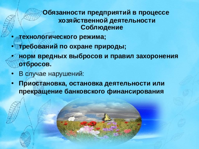 Обязанности предприятий в процессе  хозяйственной деятельности Соблюдение технологического режима; требований по охране природы; норм вредных выбросов и правил захоронения отбросов. В случае нарушений: Приостановка, остановка деятельности или прекращение банковского финансирования  