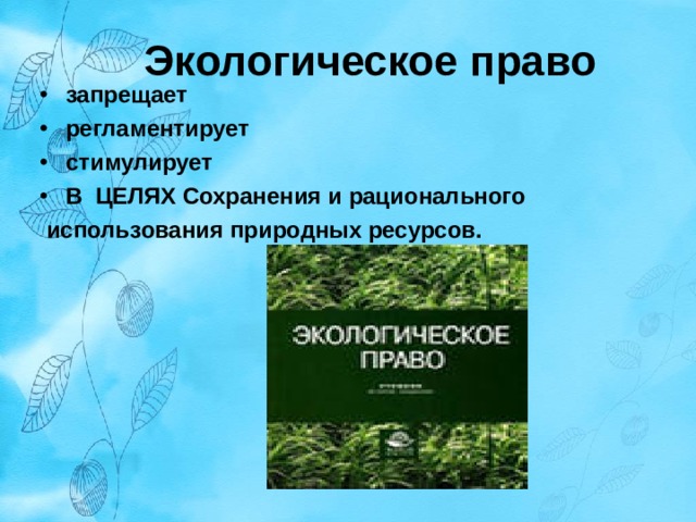Экологическое право запрещает регламентирует стимулирует В ЦЕЛЯХ Сохранения и рационального  использования природных ресурсов.    