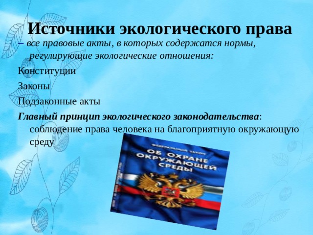 Источники экологического права – все правовые акты, в которых содержатся нормы, регулирующие экологические отношения: Конституции Законы Подзаконные акты Главный принцип экологического законодательства : соблюдение права человека на благоприятную окружающую среду   