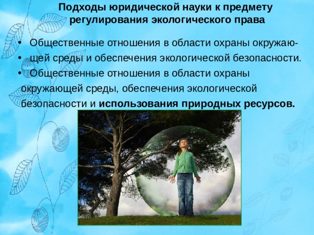 Подходы юридической науки к предмету  регулирования экологического права   Общественные отношения в области охраны окружаю- щей среды и обеспечения экологической безопасности. Общественные отношения в области охраны  окружающей среды, обеспечения экологической  безопасности и использования природных ресурсов.  