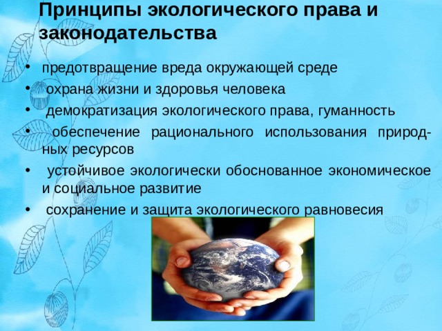 Принципы экологического права и законодательства   предотвращение вреда окружающей среде  охрана жизни и здоровья человека  демократизация экологического права, гуманность  обеспечение рационального использования природ-ных ресурсов  устойчивое экологически обоснованное экономическое и социальное развитие  сохранение и защита экологического равновесия 