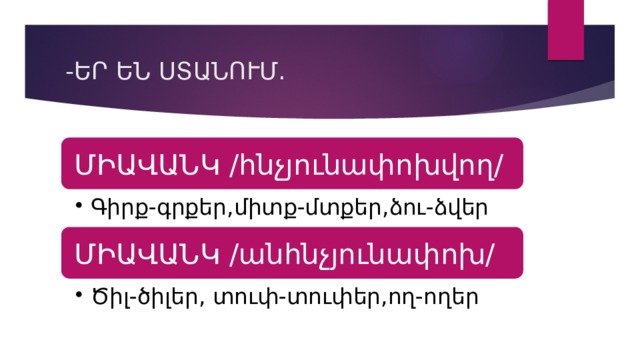 -ԵՐ ԵՆ ՍՏԱՆՈՒՄ. ՄԻԱՎԱՆԿ /հնչյունափոխվող/ Գիրք-գրքեր,միտք-մտքեր,ձու-ձվեր Գիրք-գրքեր,միտք-մտքեր,ձու-ձվեր ՄԻԱՎԱՆԿ /անհնչյունափոխ/ Ծիլ-ծիլեր, տուփ-տուփեր,ող-ողեր Ծիլ-ծիլեր, տուփ-տուփեր,ող-ողեր 