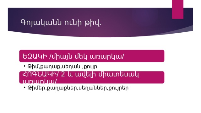 Գոյականն ունի թիվ. ԵԶԱԿԻ /միայն մեկ առարկա/ Թիմ,քաղաք,սեղան ,քույր Թիմ,քաղաք,սեղան ,քույր ՀՈԳՆԱԿԻ/ 2 և ավելի միատեսակ առարկա/ Թիմեր,քաղաքներ,սեղաններ,քույրեր Թիմեր,քաղաքներ,սեղաններ,քույրեր 