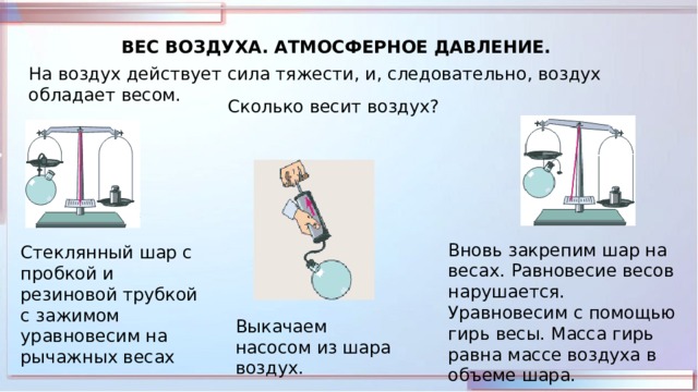 ВЕС ВОЗДУХА. АТМОСФЕРНОЕ ДАВЛЕНИЕ. На воздух действует сила тяжести, и, следовательно, воздух обладает весом. Сколько весит воздух? Вновь закрепим шар на весах. Равновесие весов нарушается. Уравновесим с помощью гирь весы. Масса гирь равна массе воздуха в объеме шара. Стеклянный шар с пробкой и резиновой трубкой с зажимом уравновесим на рычажных весах Выкачаем насосом из шара воздух. 