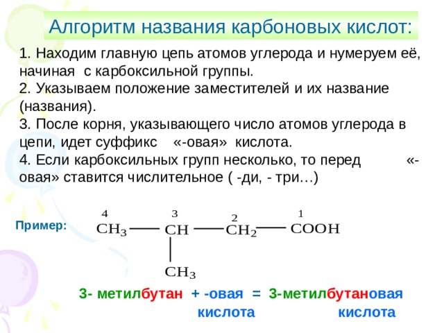 Алгоритм названия карбоновых кислот: 1 . Находим главную цепь атомов углерода и нумеруем её, начиная с карбоксильной группы. 2. Указываем положение заместителей и их название (названия). 3. После корня, указывающего число атомов углерода в цепи, идет суффикс «-овая» кислота. 4. Если карбоксильных групп несколько, то перед «- овая» ставится числительное ( -ди, - три…) Пример:  3-  метил бутан + -овая = 3-метил бутан овая кислота кислота 