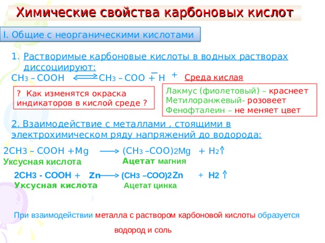 Химические свойства карбоновых кислот І. Общие с неорганическими кислотами Растворимые карбоновые кислоты в водных растворах диссоциируют: СН 3 –  СООН СН 3 –  СОО + Н + Среда кислая Лакмус (фиолетовый) – краснеет Метилоранжевый- розовеет Фенофталеин – не меняет цвет ? Как изменятся окраска индикаторов в кислой среде ? 2. Взаимодействие с металлами , стоящими в электрохимическом ряду напряжений до водорода: 2СН 3 – СООН +М g  + Н 2 (СН 3 –СОО) 2 М g Ацетат  магния Уксусная кислота  2СН 3 - СООН + Zn  Уксусная кислота  (СН 3 –СОО)2 Zn  Ацетат  цинка + Н 2 При взаимодействии металла с раствором карбоновой кислоты образуется  водород и соль 