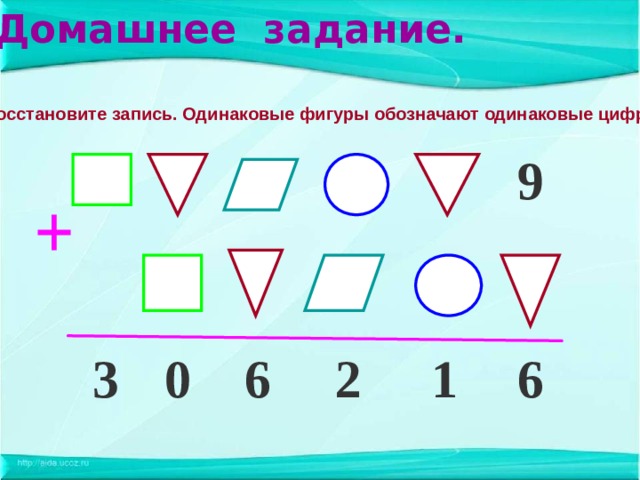 Домашнее задание. 9 Восстановите запись. Одинаковые фигуры обозначают одинаковые цифры. 0 3 6 1 6 2  