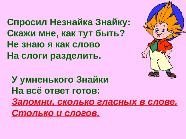 Спросил Незнайка Знайку : Скажи мне, как тут быть ? Не знаю я как слово На слоги разделить. У умненького Знайки На всё ответ готов : Запомни, сколько гласных в слове, Столько и слогов. 