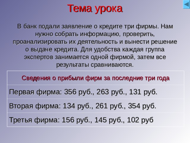 Тема урока В  банк подали заявление о кредите три фирмы. Нам нужно собрать информацию, проверить, проанализировать их деятельность и вынести решение о выдаче кредита. Для удобства каждая группа экспертов занимается одной фирмой, затем все результаты сравниваются. Сведения о прибыли фирм за последние три года Первая фирма: 356 руб., 263 руб., 131 руб. Вторая фирма: 134 руб., 261 руб., 354 руб. Третья фирма: 156 руб., 145 руб., 102 руб Подсчитайте суммарную прибыль за три года и проанализируйте рост доходности фирмы. Результаты занесите в таблицу. Суммарная прибыль фирм Первая фирма: 750 руб. Вторая фирма: 750 руб. Третья фирма: 423 руб. 