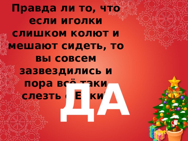 Правда ли то, что если иголки слишком колют и мешают сидеть, то вы совсем зазвездились и пора всё таки слезть с Елки? ДА 