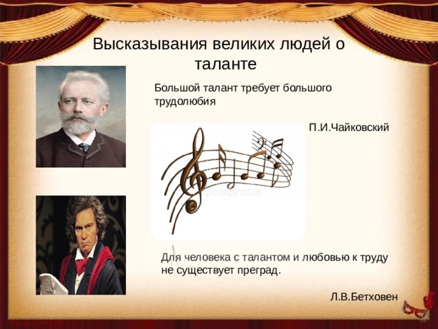 Высказывания великих людей о таланте Большой талант требует большого трудолюбия П.И.Чайковский Для человека с талантом и любовью к труду не существует преград. Л.В.Бетховен 