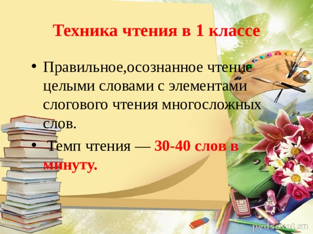 Техника чтения в 1 классе Правильное,осознанное чтение целыми словами с элементами слогового чтения многосложных слов.  Темп чтения — 30-40 слов в минуту. 