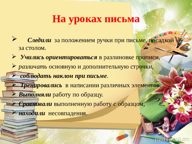 На уроках письма       Следили   за положением ручки при письме, посадкой за столом.   Учились ориентироваться   в разлиновке прописи,   различать  основную и дополнительную строчки,    соблюдать наклон при письме .  Тренировались    в написании различных элементов.  Выполняли  работу по образцу.     Сравнивали   выполненную работу с образцом,  находили   несовпадения.   