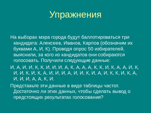 Упражнения На выборах мэра города будут баллотироваться три кандидата: Алексеев, Иванов, Карпов (обозначим их буквами А, И, К). Проводя опрос 50 избирателей, выяснили, за кого из кандидатов они собираются голосовать. Получили следующие данные: И, А, И, И, К, К, И, И, И, А, К, А, А, А, К, К, И, К, А, А, И, К, И, И, К, И, К, А, И, И, И, А, И, И, К, И, А, И, К, К, И, К, А, И, И, И, А, А, К, И. Представьте эти данные в виде таблицы частот. Достаточно ли этих данных, чтобы сделать вывод о предстоящих результатах голосования? 