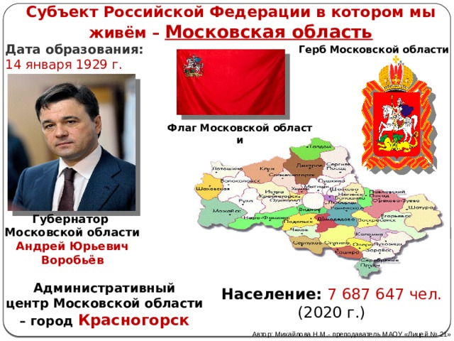 Субъект Российской Федерации в котором мы живём – Московская область Дата образования:  14 января 1929 г. Герб   Московской   области Флаг   Московской   области Губернатор   Московской   области Андрей Юрьевич Воробьёв Административный центр   Московской   области – город Красногорск Население:  7 687 647 чел. (2020 г.) Автор: Михайлова Н.М.- преподаватель МАОУ «Лицей № 21» 