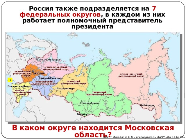 Россия также подразделяется на 7 федеральных округов , в каждом из них работает полномочный представитель президента 1 Барнаул В каком округе находится Московская область? Автор: Михайлова Н.М.- преподаватель МАОУ «Лицей № 21» 