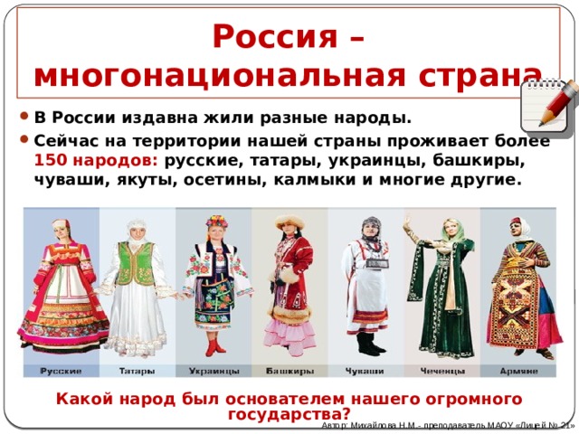 Россия – многонациональная страна В России издавна жили разные народы. Сейчас на территории нашей страны проживает более 150 народов: русские, татары, украинцы, башкиры, чуваши, якуты, осетины, калмыки и многие другие.  Какой народ был основателем нашего огромного государства? Автор: Михайлова Н.М.- преподаватель МАОУ «Лицей № 21» 