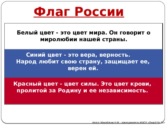 Флаг России Белый цвет - это цвет мира. Он говорит о миролюбии нашей страны. Синий цвет - это вера, верность. Народ любит свою страну, защищает ее, верен ей. Красный цвет - цвет силы. Это цвет крови, пролитой за Родину и ее независимость. Автор: Михайлова Н.М.- преподаватель МАОУ «Лицей № 21» 