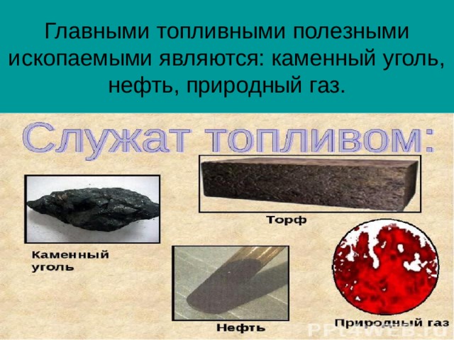Главными топливными полезными ископаемыми являются: каменный уголь, нефть, природный газ. 