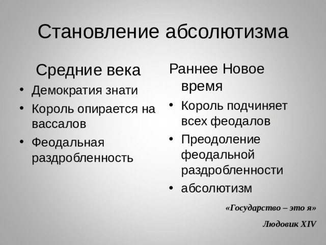 Становление абсолютизма Средние века Раннее Новое время Демократия знати Король опирается на вассалов Феодальная раздробленность Король подчиняет всех феодалов Преодоление феодальной раздробленности абсолютизм «Государство – это я» Людовик XIV 
