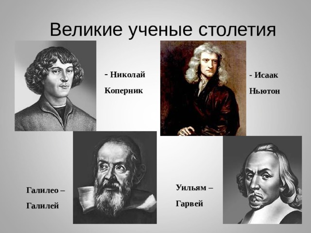 Великие ученые столетия - Николай Коперник - Исаак Ньютон Уильям – Гарвей Галилео – Галилей 