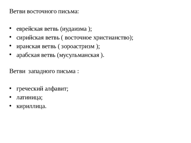 Ветви восточного письма: еврейская ветвь (иудаизма ); сирийская ветвь ( восточное христианство); иранская ветвь ( зороастризм ); арабская ветвь (мусульманская ).  Ветви западного письма : греческий алфавит; латиница; кириллица. 
