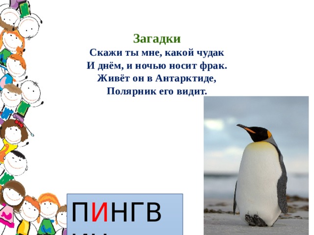  Загадки  Скажи ты мне, какой чудак  И днём, и ночью носит фрак.  Живёт он в Антарктиде,  Полярник его видит.      П И НГВИН 
