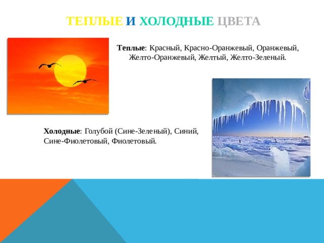 Теплые и  холодные цвета Теплые : Красный, Красно-Оранжевый, Оранжевый, Желто-Оранжевый, Желтый, Желто-Зеленый.      Холодные : Голубой (Сине-Зеленый), Синий, Сине-Фиолетовый, Фиолетовый. 