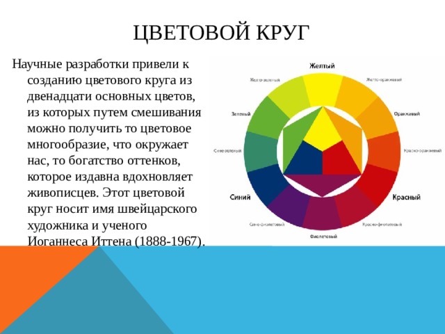 Цветовой круг Научные разработки привели к созданию цветового круга из двенадцати основных цветов, из которых путем смешивания можно получить то цветовое многообразие, что окружает нас, то богатство оттенков, которое издавна вдохновляет живописцев. Этот цветовой круг носит имя швейцарского художника и ученого Иоганнеса Иттена (1888-1967).  