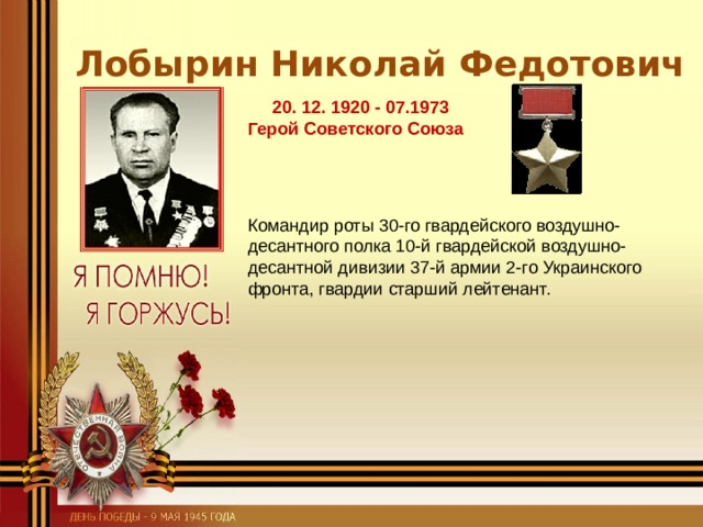  Лобырин Николай Федотович  20. 12. 1920 - 07.1973 Герой Советского Союза Командир роты 30-го гвардейского воздушно-десантного полка 10-й гвардейской воздушно-десантной дивизии 37-й армии 2-го Украинского фронта, гвардии старший лейтенант. 
