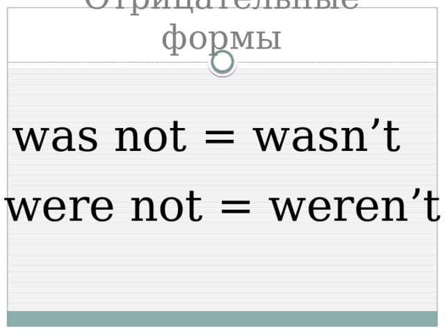 Отрицательные формы was not = wasn’t were not = weren’t 