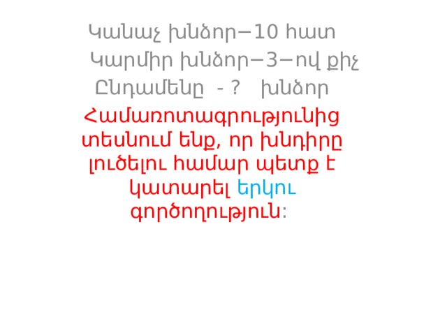 Կանաչ խնձոր−10 հատ  Կարմիր խնձոր−3−ով քիչ Ընդամենը - ? խնձոր Համառոտագրությունից տեսնում ենք, որ խնդիրը լուծելու համար պետք է կատարել երկու գործողություն : 