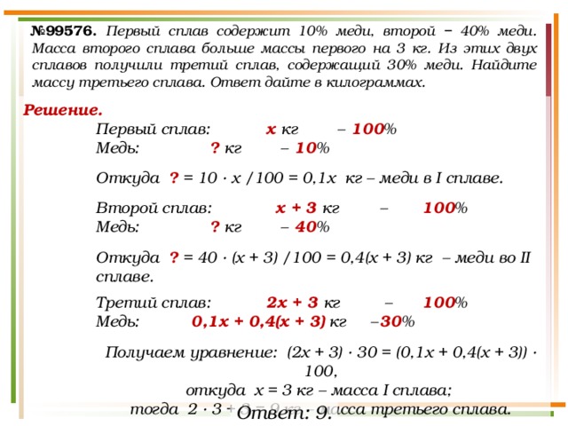 № 99576.  Первый сплав содержит 10% меди, второй − 40% меди. Масса второго сплава больше массы первого на 3 кг. Из этих двух сплавов получили третий сплав, содержащий 30% меди. Найдите массу третьего сплава. Ответ дайте в килограммах. Решение. Первый сплав:   х кг  –  100 % Медь:    ? кг  –  10 %  Откуда ? = 10 · х /100 = 0,1х кг – меди в I сплаве.  Второй сплав:   х + 3 кг  –   100 % Медь:    ? кг  –  40 %  Откуда ? = 40 · (х + 3) /100 = 0,4(х + 3) кг – меди во II сплаве.  Третий сплав:   2х + 3 кг  –   100 % Медь: 0,1х + 0,4(х + 3) кг  –  30 %  Получаем уравнение: (2х + 3) · 30 = (0,1х + 0,4(х + 3)) · 100, откуда х = 3 кг – масса I сплава; тогда 2 · 3 + 3 = 9 кг – масса третьего сплава. Ответ: 9. 