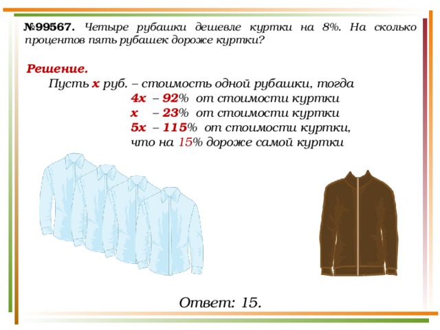 № 99567.  Четыре рубашки дешевле куртки на 8%. На сколько процентов пять рубашек дороже куртки? Решение. Пусть х руб. – стоимость одной рубашки, тогда 4х  – 92 % от стоимости куртки х  – 23 % от стоимости куртки 5х  – 115 % от стоимости куртки, что на 15 % дороже самой куртки  Ответ: 15. 