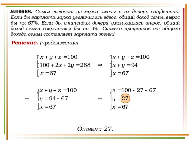 № 99568.  Семья состоит из мужа, жены и их дочери студентки. Если бы зарплата мужа увеличилась вдвое, общий доход семьи вырос бы на 67%. Если бы стипендия дочери уменьшилась втрое, общий доход семьи сократился бы на 4%. Сколько процентов от общего дохода семьи составляет зарплата жены? Решение. (продолжение)      Ответ: 27. 