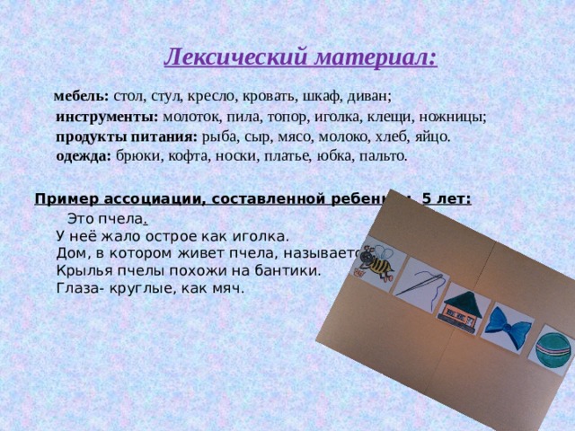  Лексический материал:  мебель: стол, стул, кресло, кровать, шкаф, диван;  инструменты: молоток, пила, топор, иголка, клещи, ножницы;  продукты питания: рыба, сыр, мясо, молоко, хлеб, яйцо.  одежда: брюки, кофта, носки, платье, юбка, пальто. Пример ассоциации, составленной ребенком 5 лет:  Это пчела .  У неё жало острое как иголка.  Дом, в котором живет пчела, называется — улей.  Крылья пчелы похожи на бантики.  Глаза- круглые, как мяч. 