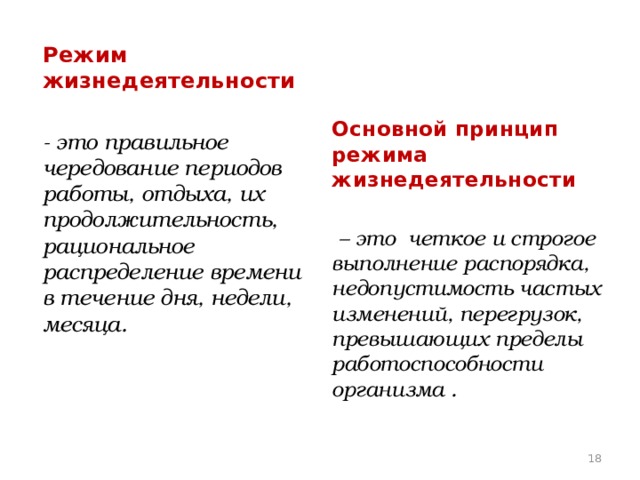 Режим жизнедеятельности   - это правильное чередование периодов работы, отдыха, их продолжительность, рациональное распределение времени в течение дня, недели, месяца. Основной принцип режима жизнедеятельности   – это  четкое и строгое выполнение распорядка, недопустимость частых изменений, перегрузок, превышающих пределы работоспособности организма .  